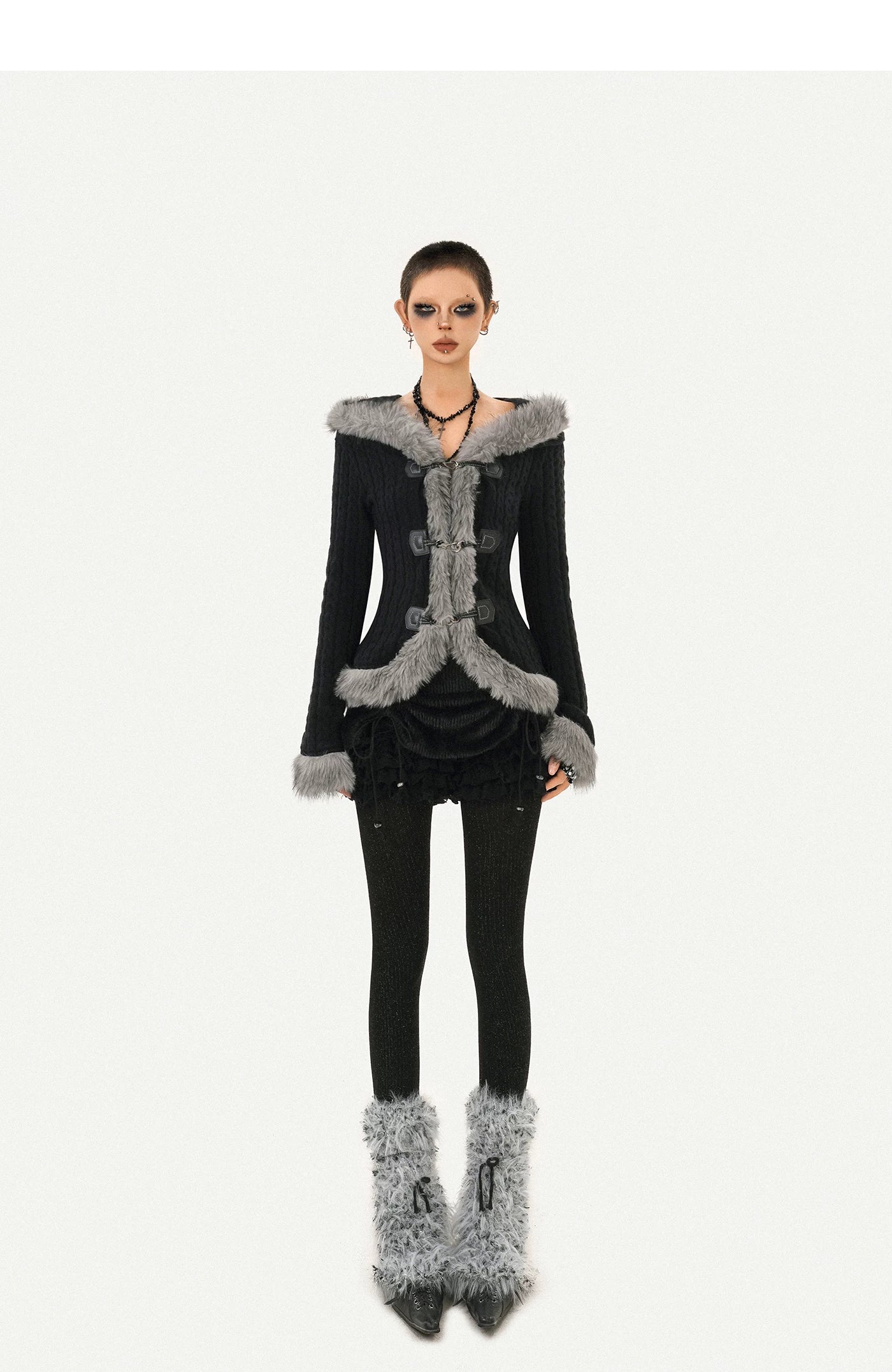 Hooded Fur Collar Fitted Knit Cardigan