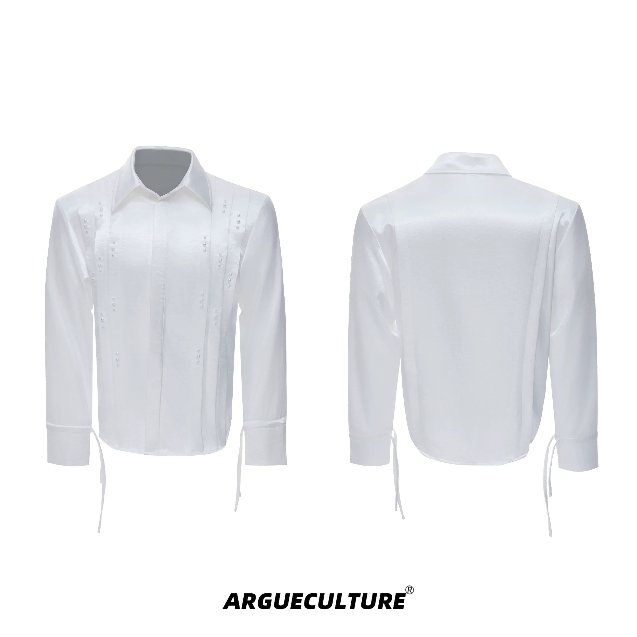 Pearl Beads Ribbon Pleats Long Sleeve Shirt