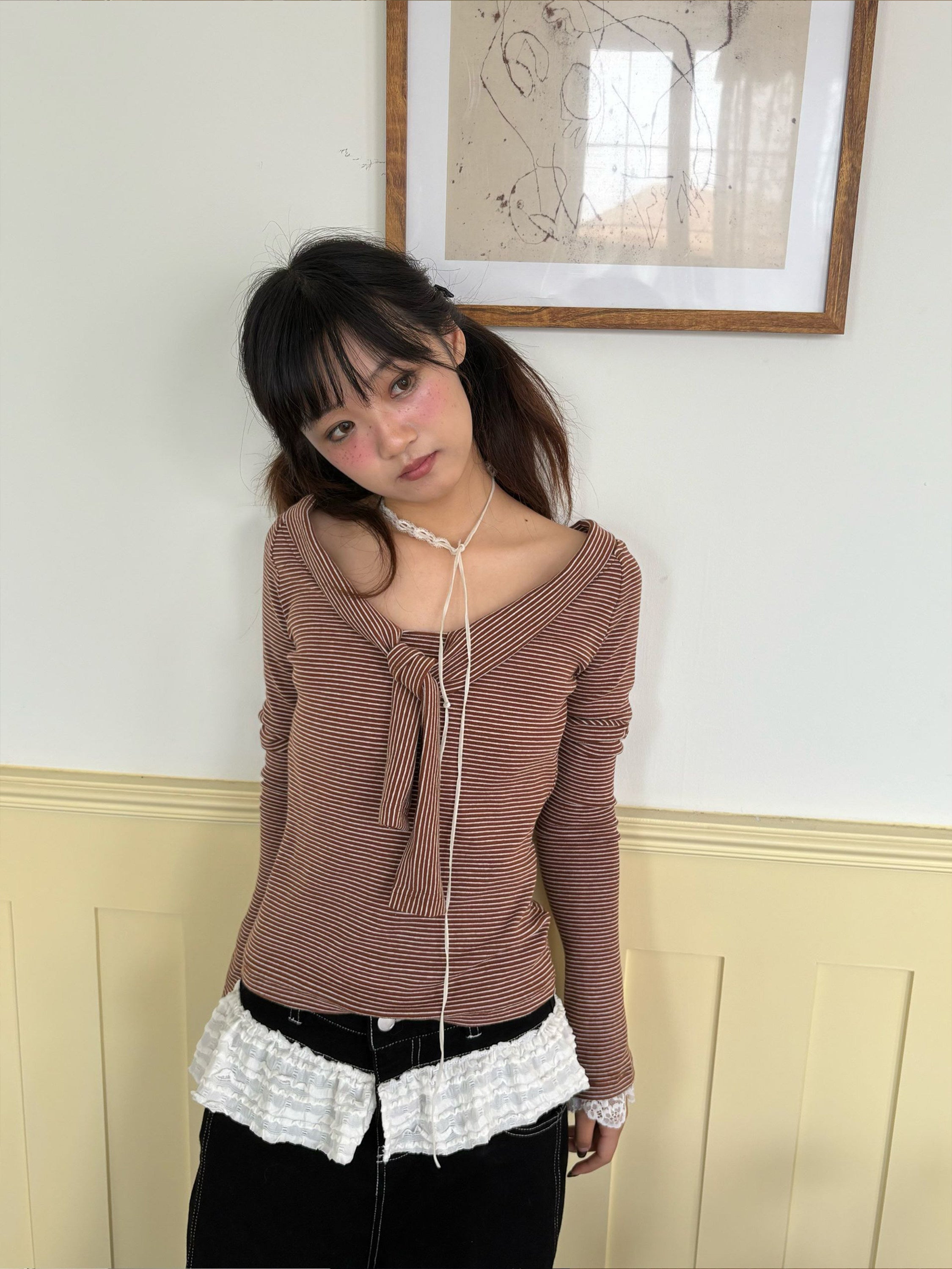 Striped Lace Trim Tie Detail Long Sleeve T-Shirt