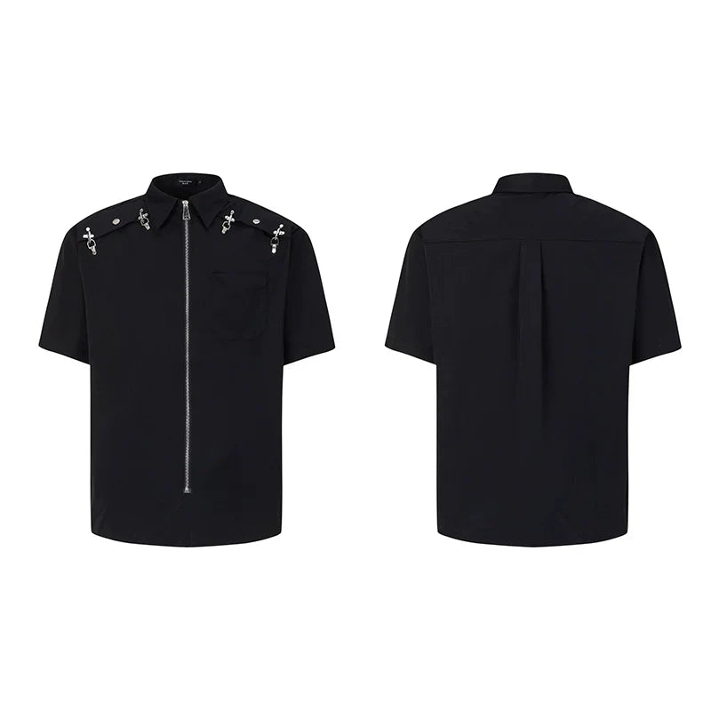 Metal Deconstruction Shoulder-Pad Zipper Short Sleeve Shirt