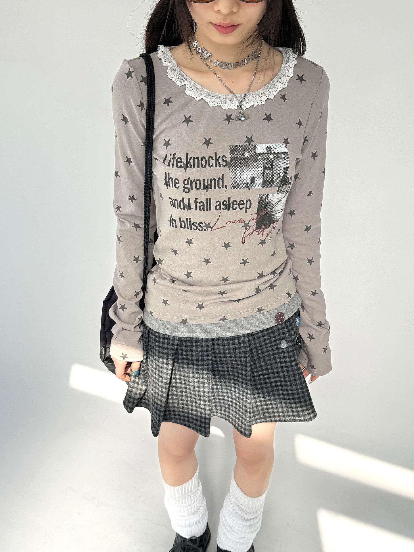 Star Print Lace Trim Fitted Long Sleeve T-Shirt