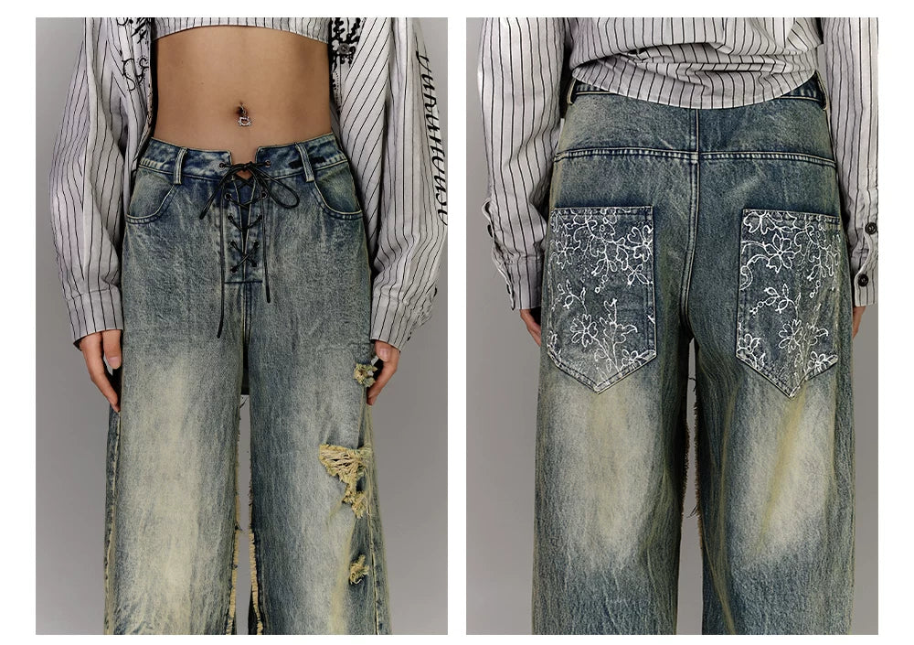 Washed Blue Damage Wide Leg Denim Jeans