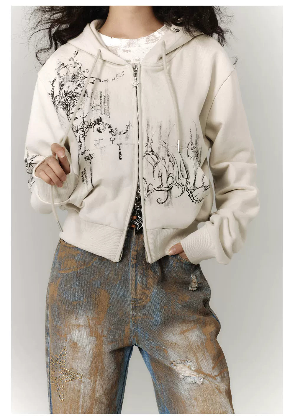 Cropped Graphic Print Zipper Hoodie