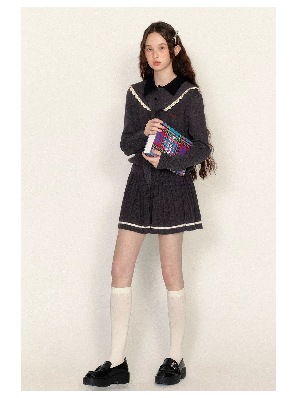 Detachable Sailor Collar Knit Sweater & Pleated Skirt Setup