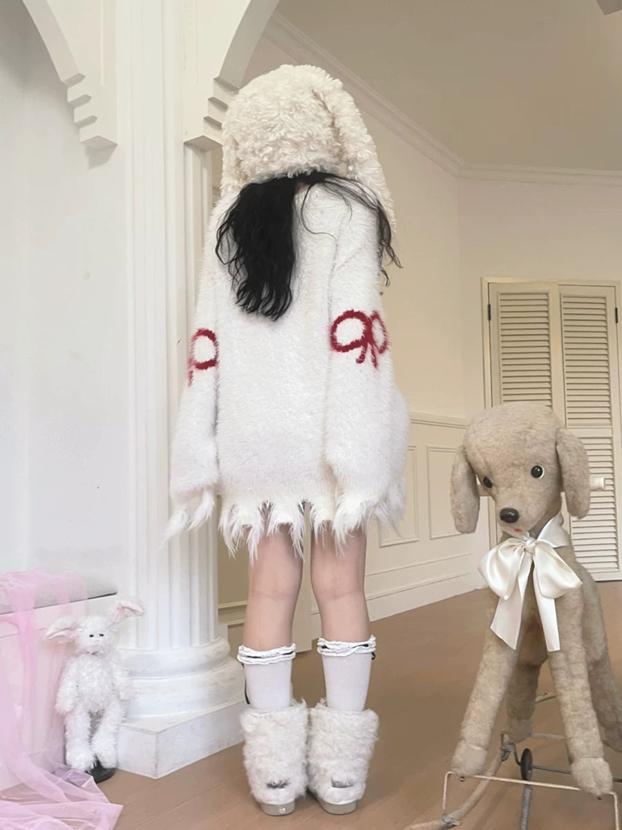 Bow Design Shaggy Knit Sweater