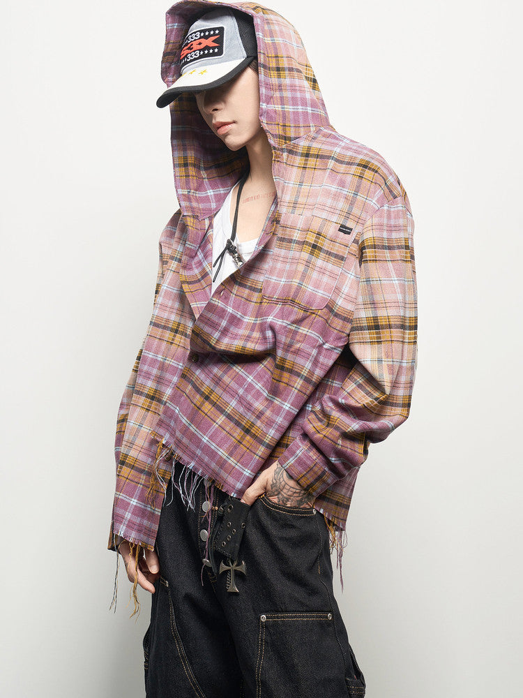 Gradient Plaid Hooded Long Sleeve Shirt