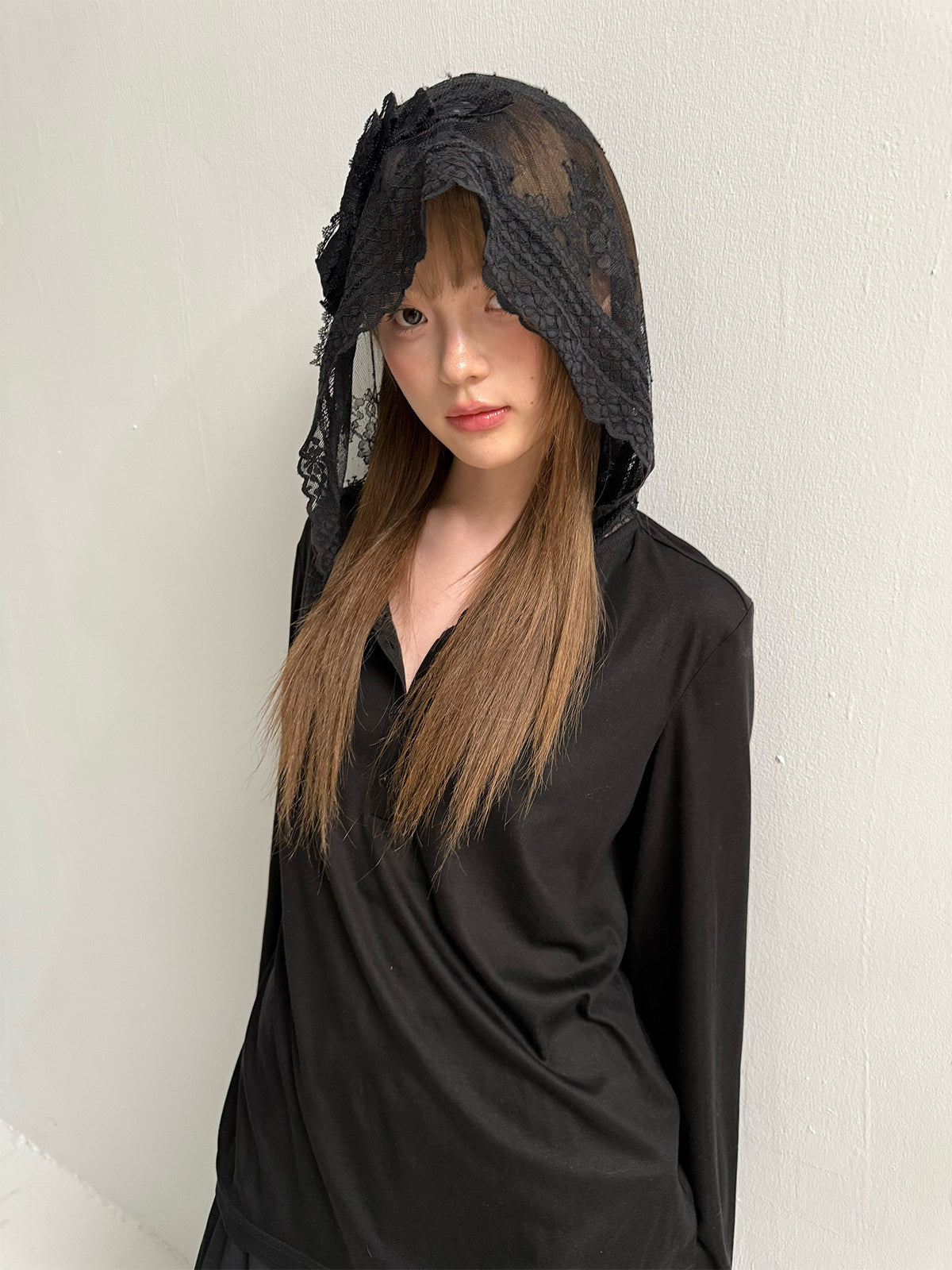 Lace Bow Hooded Long Sleeve Lyocell Shirt