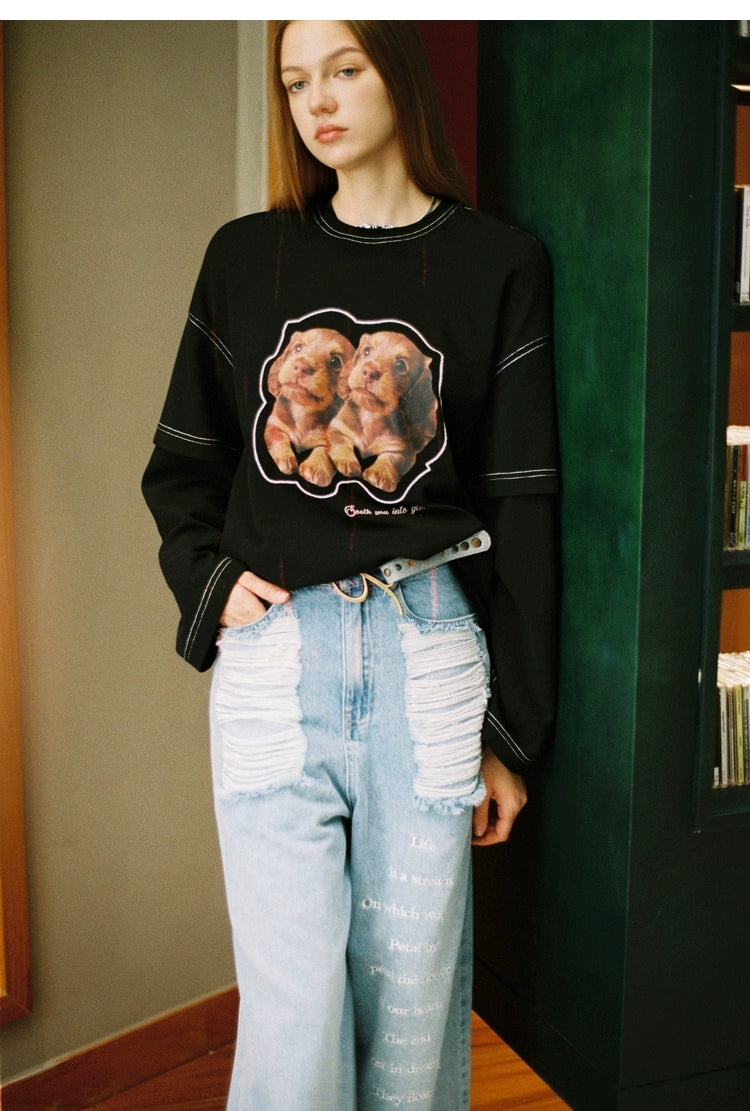 Retro Blue Frayed Ripped Jeans