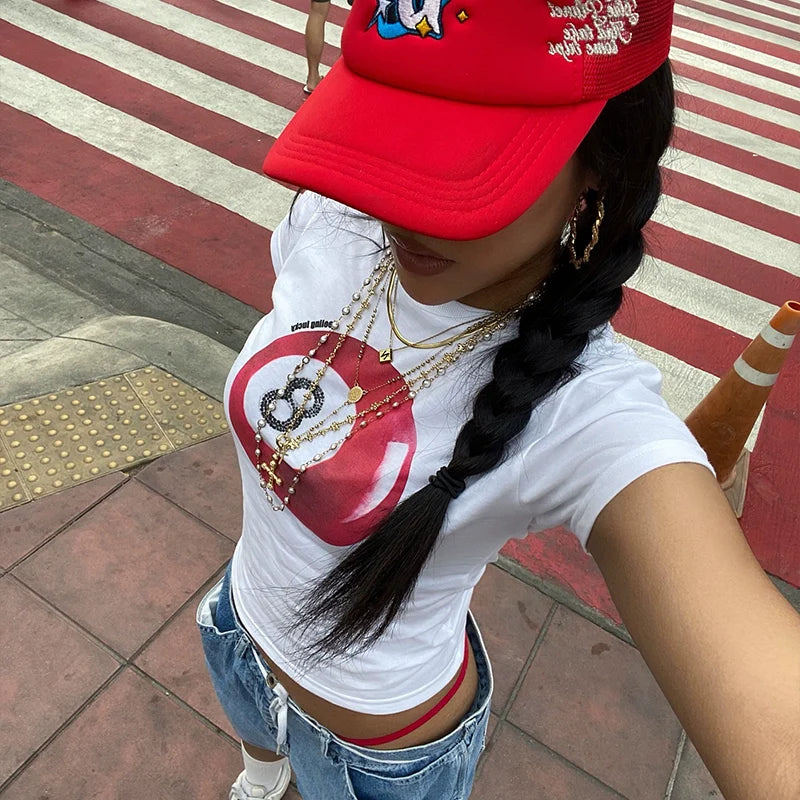 Y2K Red 8th ball pattern printed T-shirt - MADXMARX