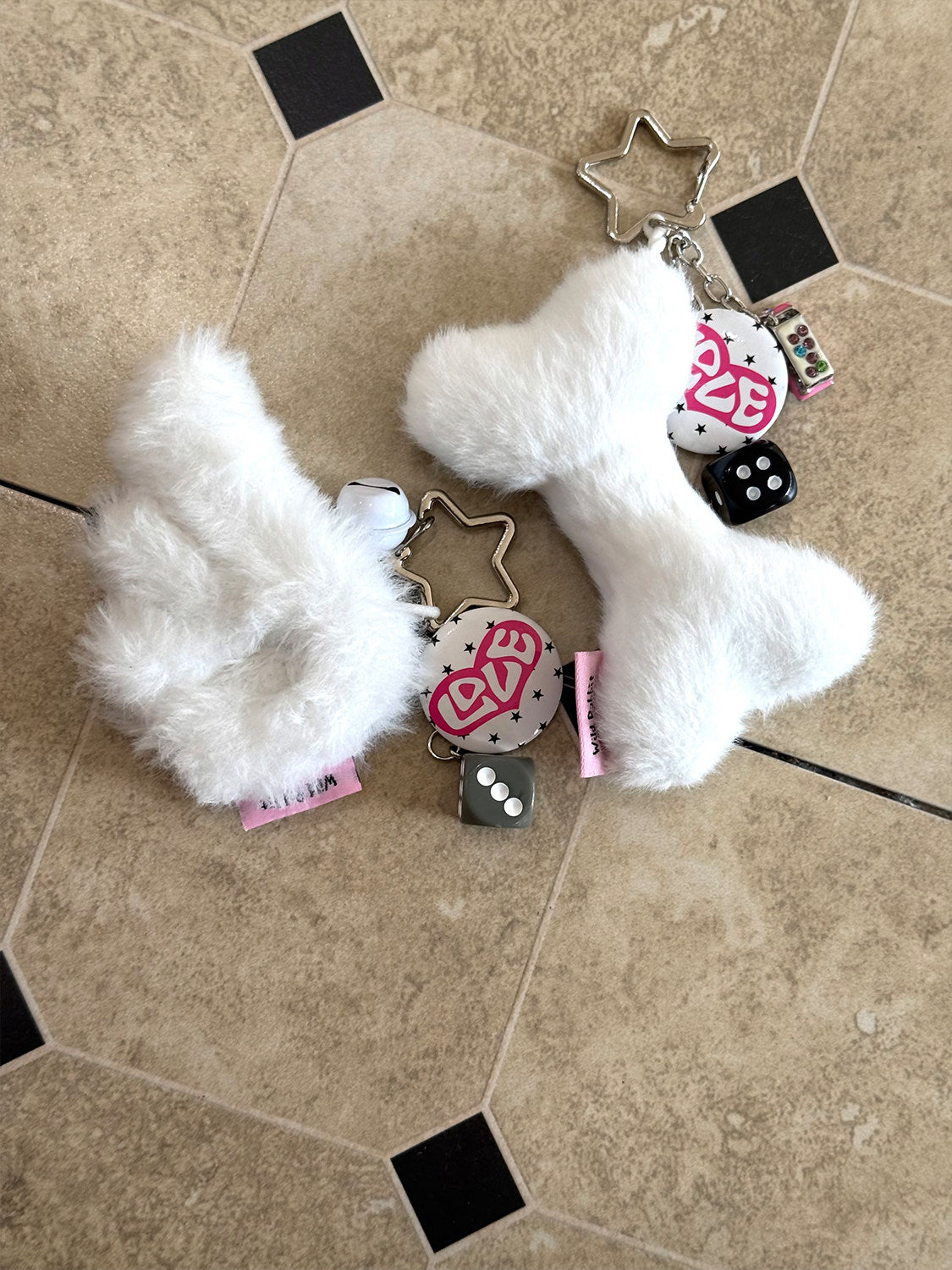 Angel Bone Plush Dice Bell Pendant & Bone Plush Bell Pendant