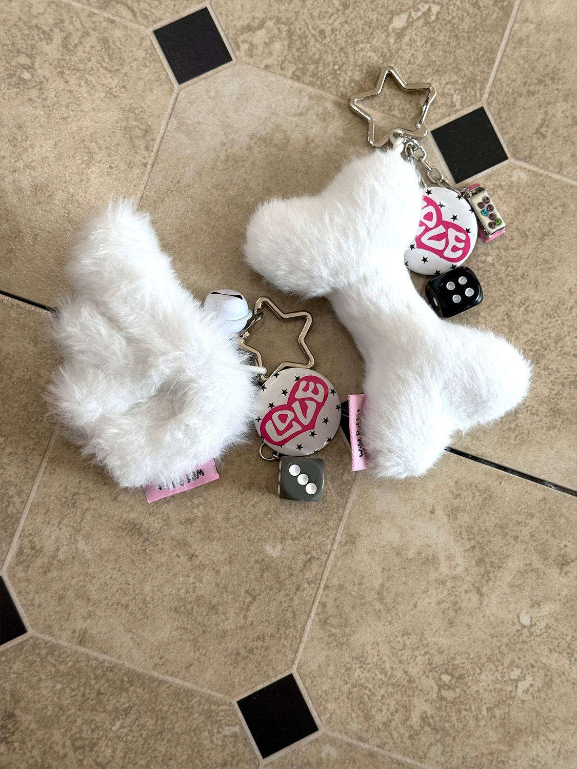 Angel Bone Plush Dice Bell Pendant & Bone Plush Bell Pendant