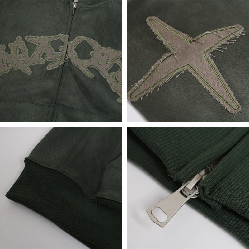 Chaqueta corta con capucha y doble cremallera de ante