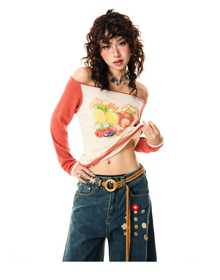 Fruit Graphic Print Off-Shoulder Fitted Long Sleeve T-Shirt