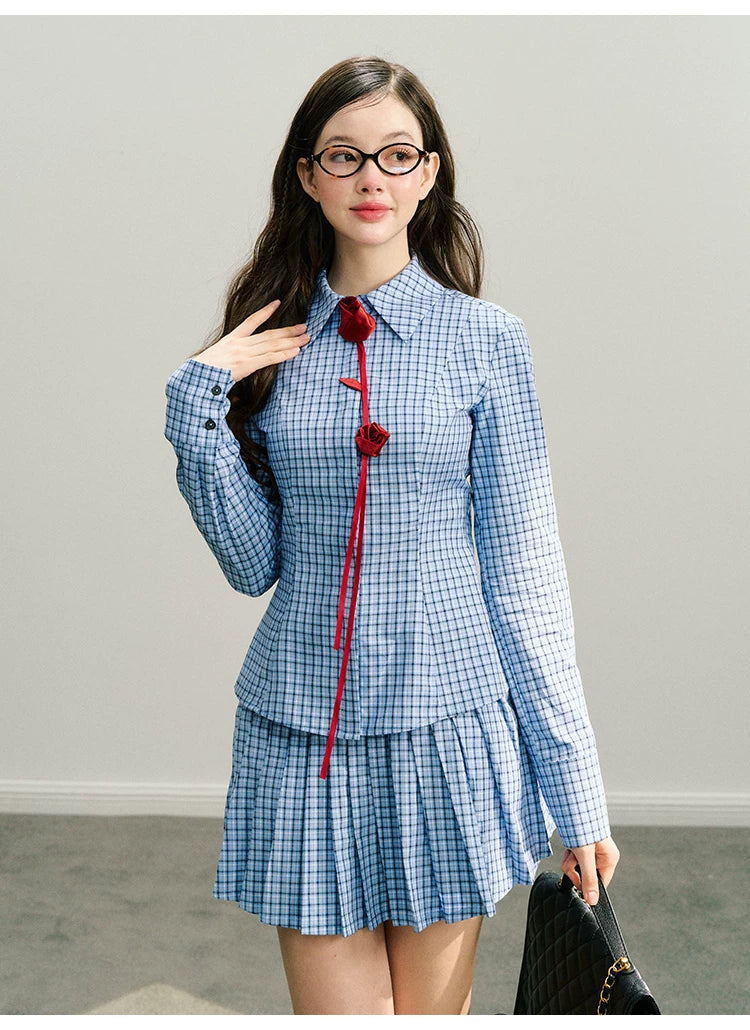 Handmade Rose Plaid Long Sleeve Shirt & Short Pleated Skirt Setup