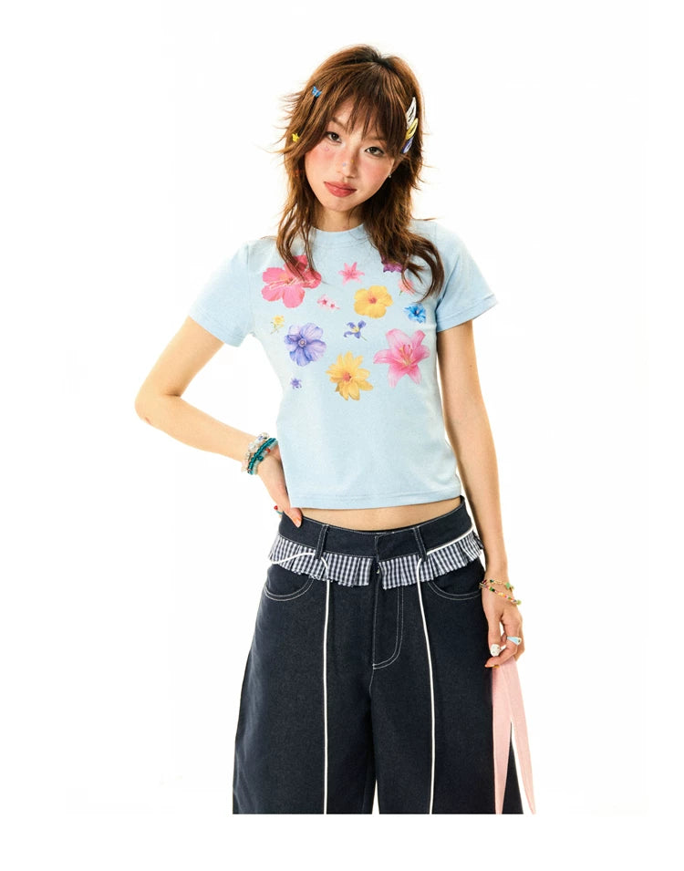 Flower Print Cropped Short Sleeve T-Shirt