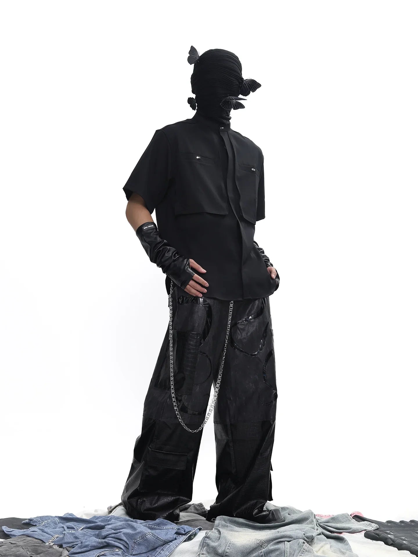 Stand Neck Half-Length Double Placket Pocket Short Sleeve Shirt