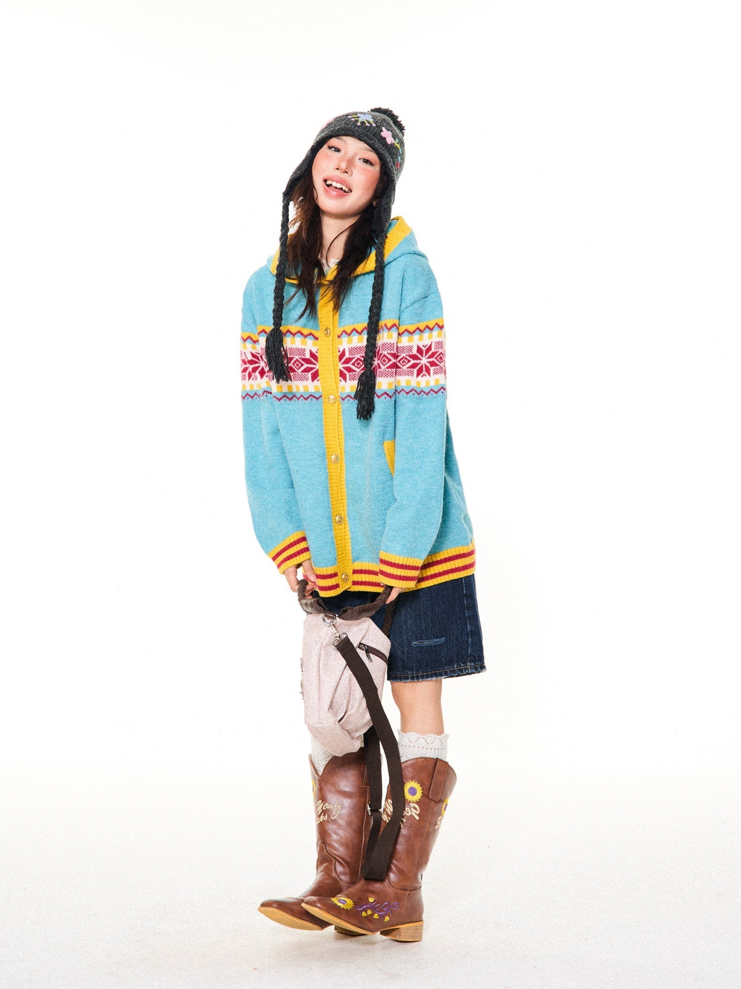 Contrast Pattern Hooded Knit Cardigan