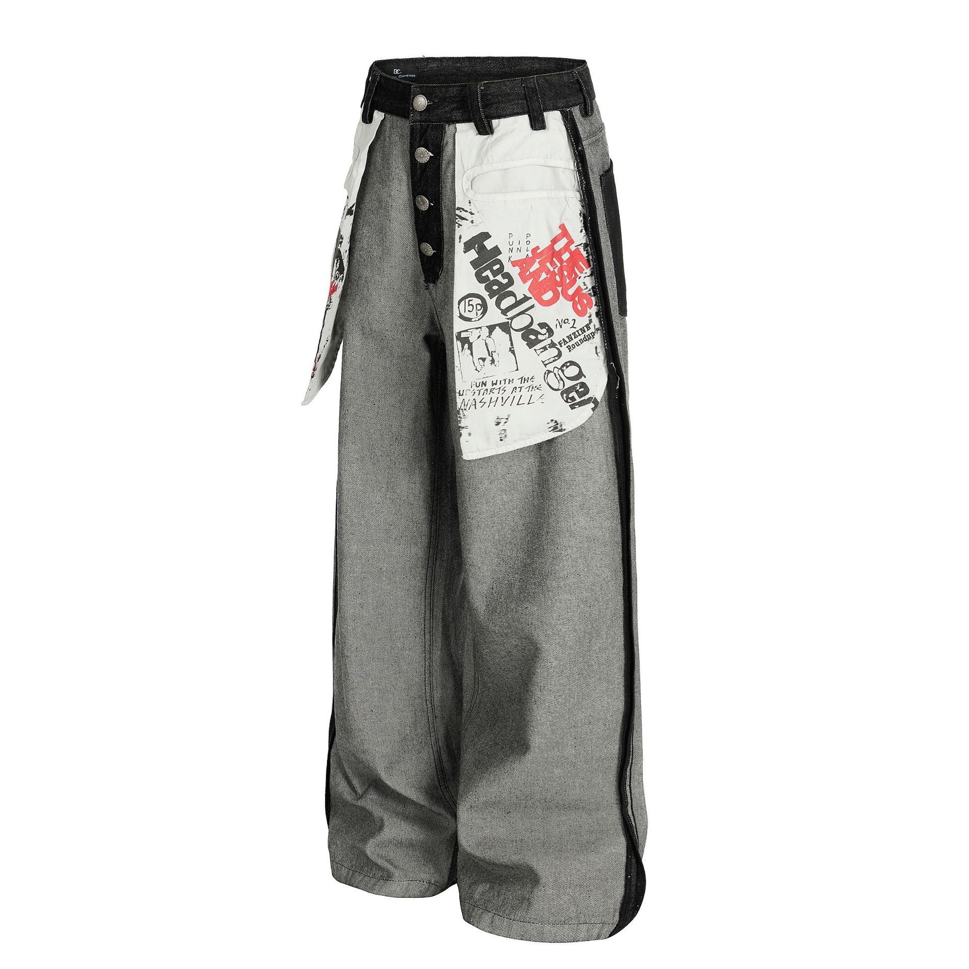 Print Deconstruction Wide Leg Denim Jeans