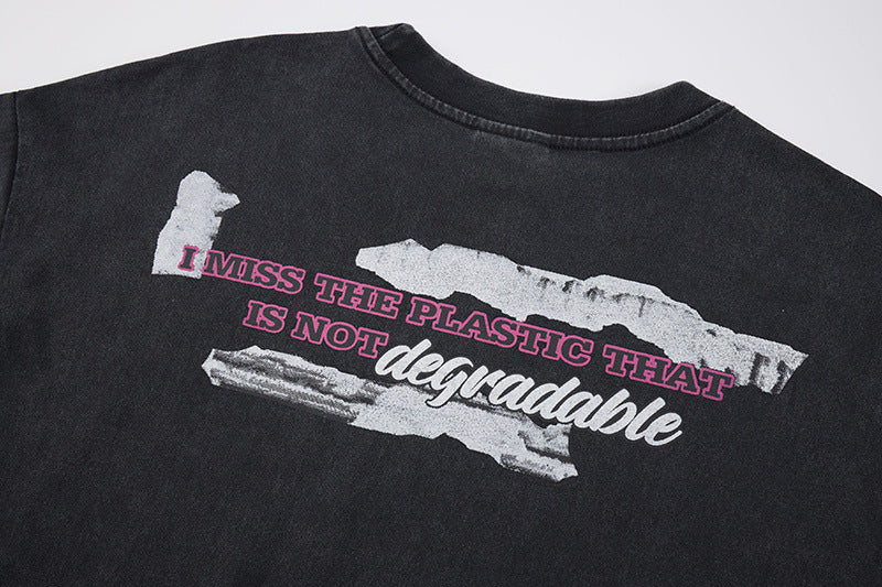 Washed Portrait Letter Print Short Sleeve T-Shirt