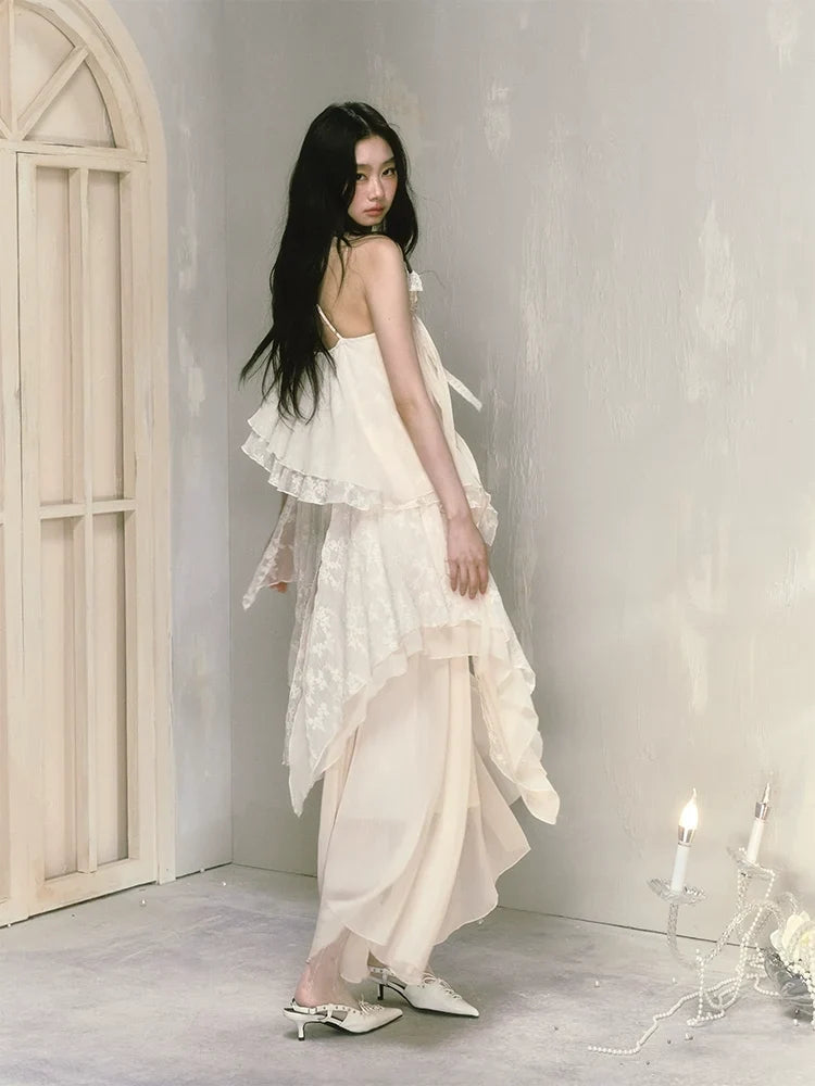 With Brooch Irregular Camisole Dress & Long Sleeve Shirt Setup