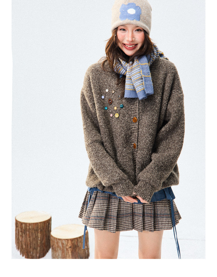 Crew Neck Button-Up Knit Cardigan