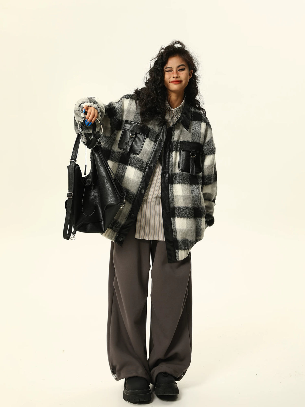 PU Leather Mix Woolen Plaid Jacket