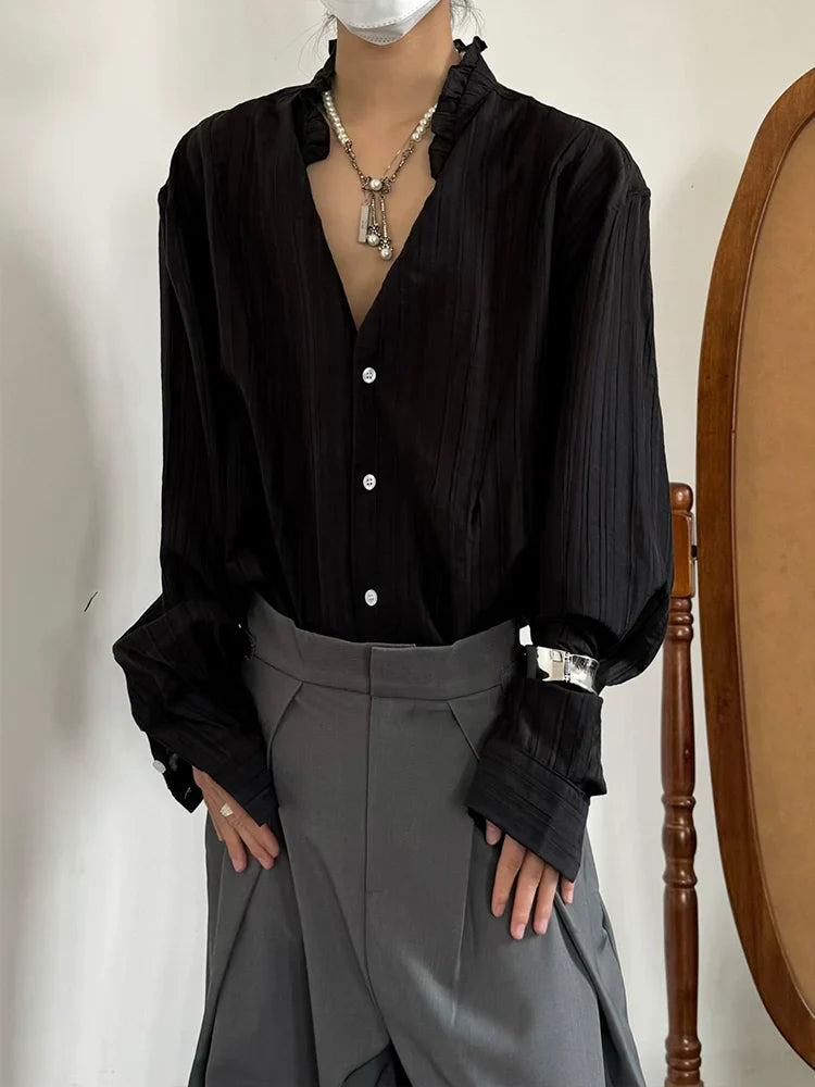 Pleats Lace V-Neck Elegant Long Sleeve Shirt