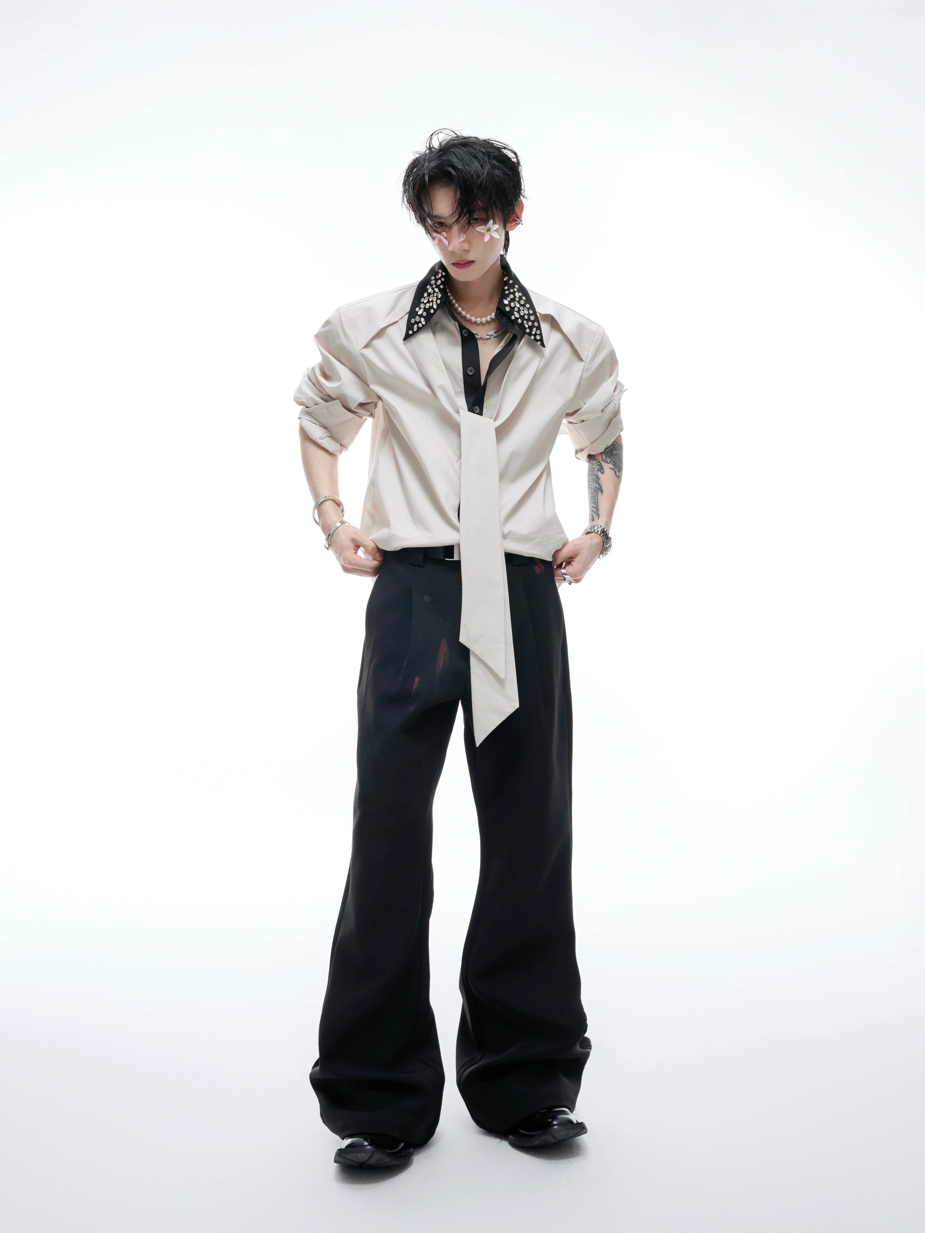 Rhinestone Neckline Ribbon Colorblock Long Sleeve Shirt