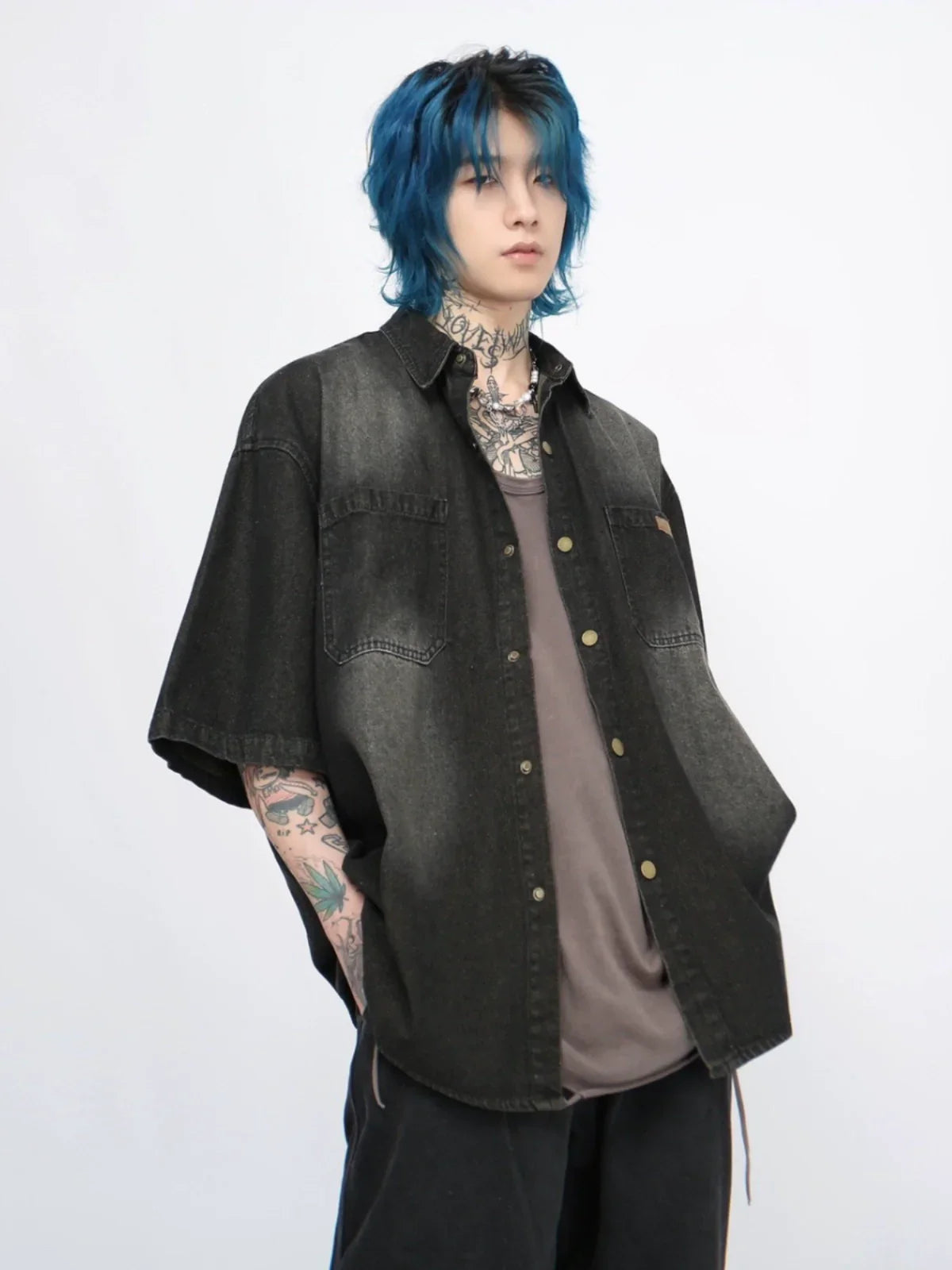 Washed Oversize Denim Short Sleeve Shirt