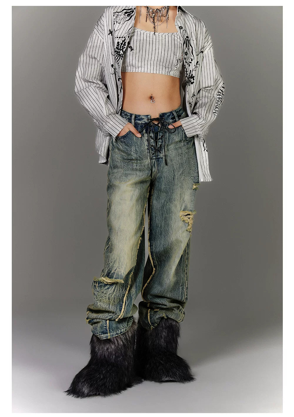 Washed Blue Damage Wide Leg Denim Jeans