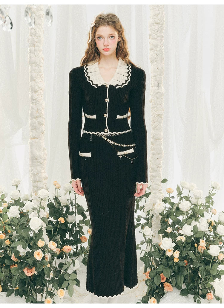 Ensemble cardigan en tricot à grand col et jupe moulante