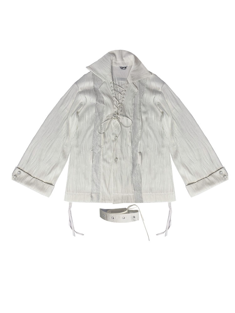 Ruched Textured Strap Detail Long Sleeve Shirt
