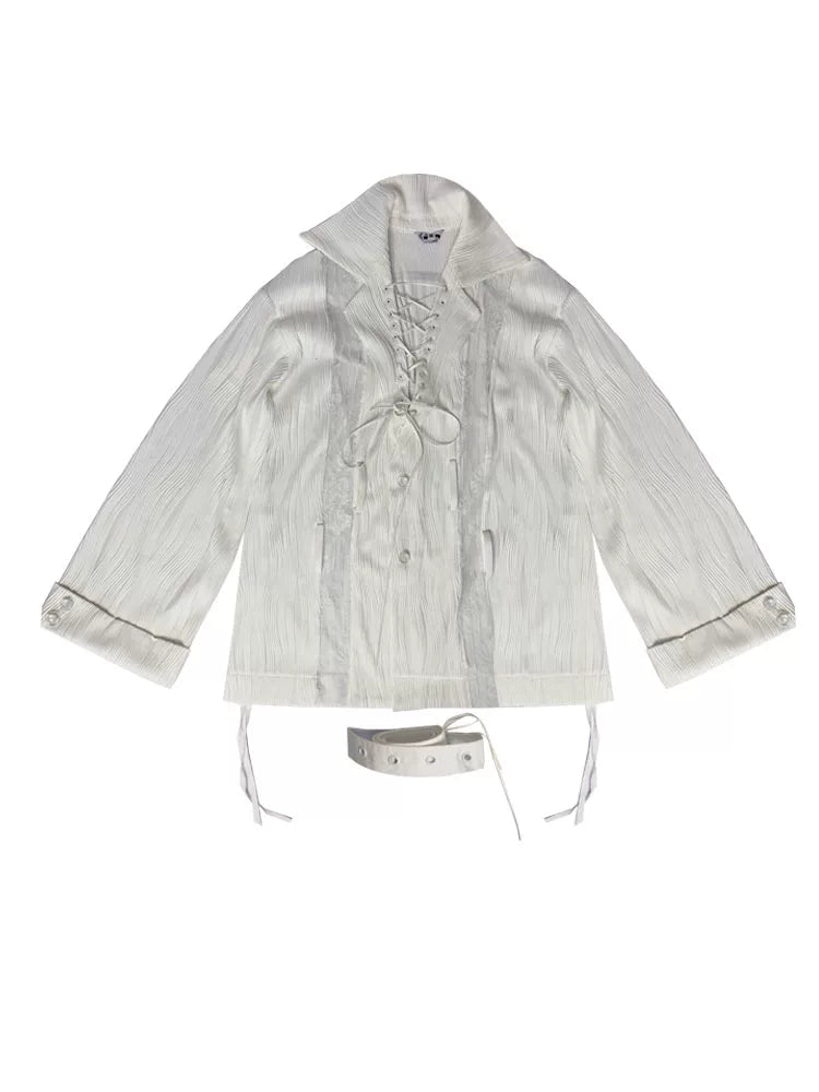 Ruched Textured Strap Detail Long Sleeve Shirt