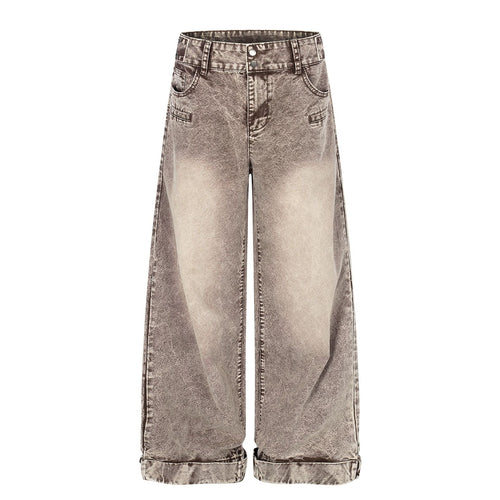Washed Damage Wide Leg Curved Denim Jeans - Brown / S