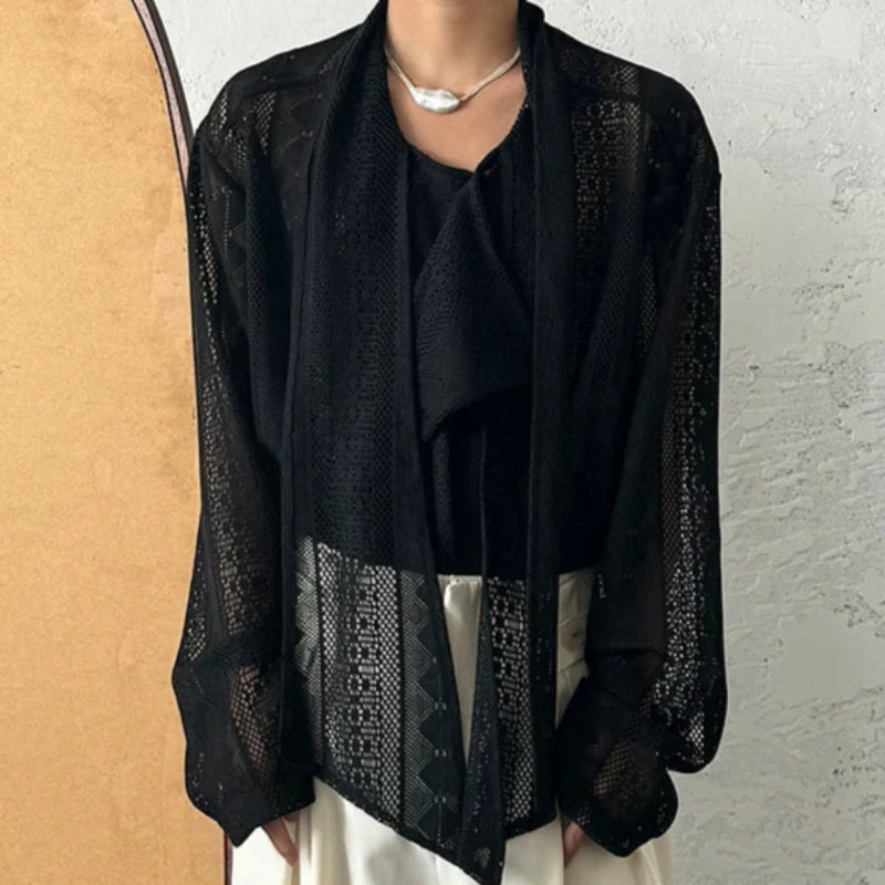 Jacquard Lace Patchwork Ribbon Long Sleeve Shirt