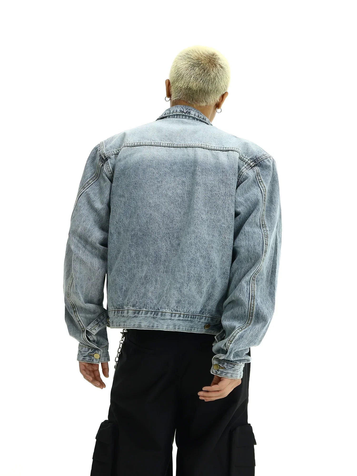 Washed Shoulder Pad Zipper Denim Jacket