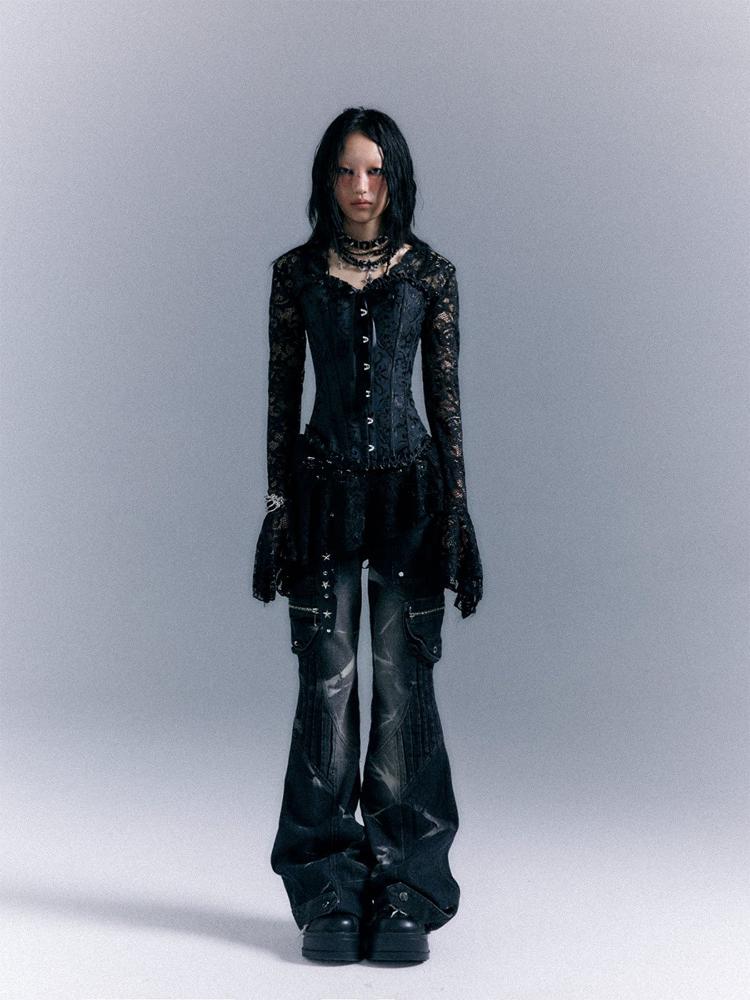 Lace-Up Corset Top & Lace Long Sleeve Dress Setup