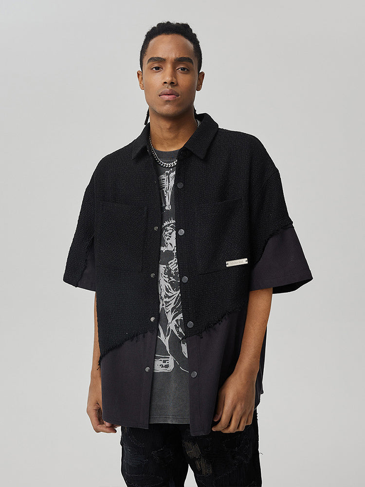 Tweed Style Patchwork Oversize Short Sleeve Shirt