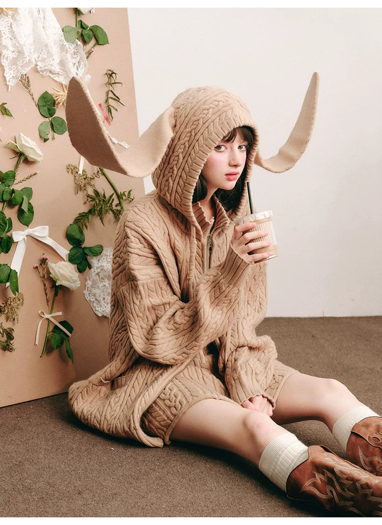 Bunny Hare Ear Hooded Zipper Knit Cardigan & Knit Skirt Setup