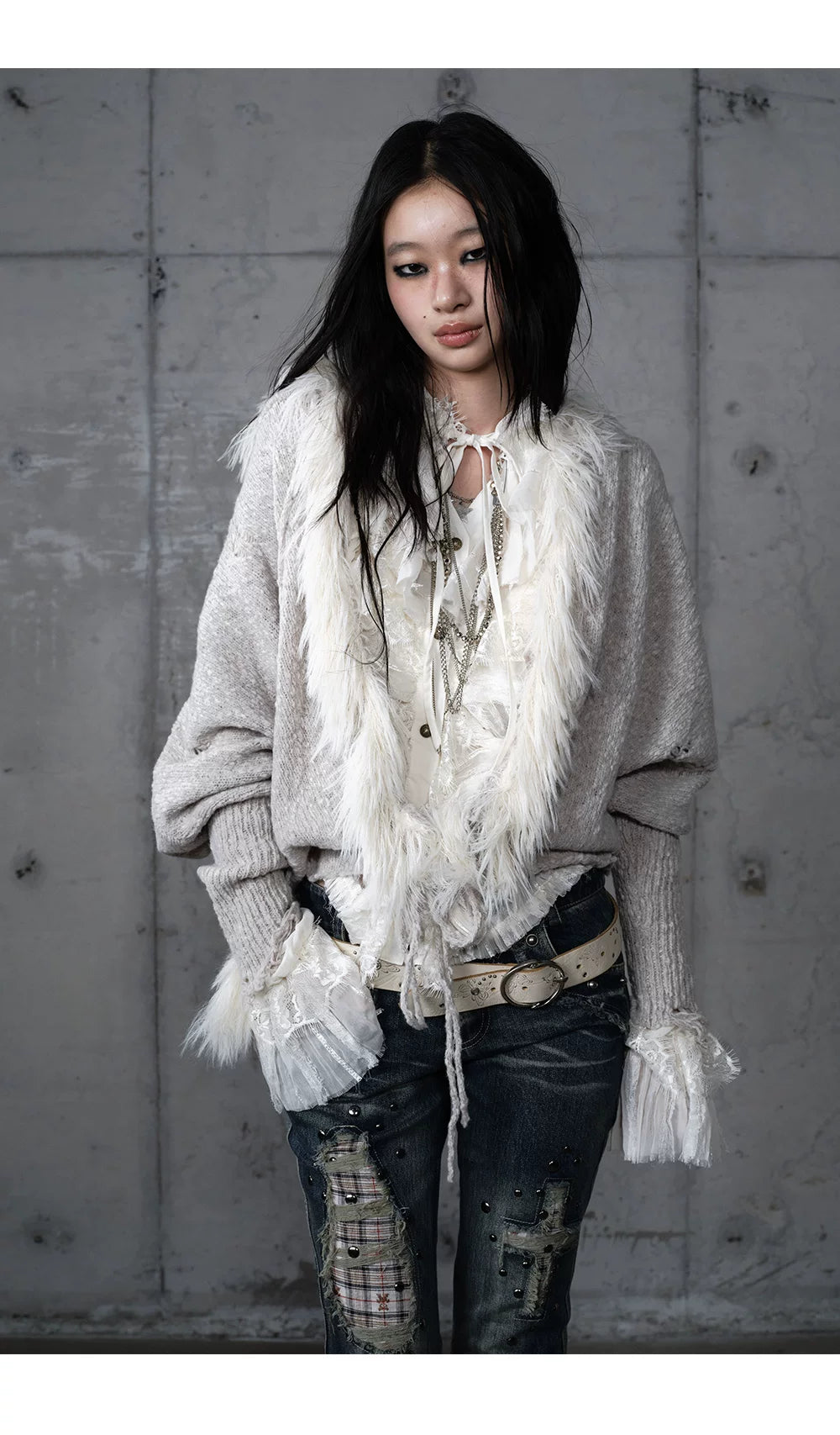 Fake Fur Trim Drawstring Oversize Knit Cardigan