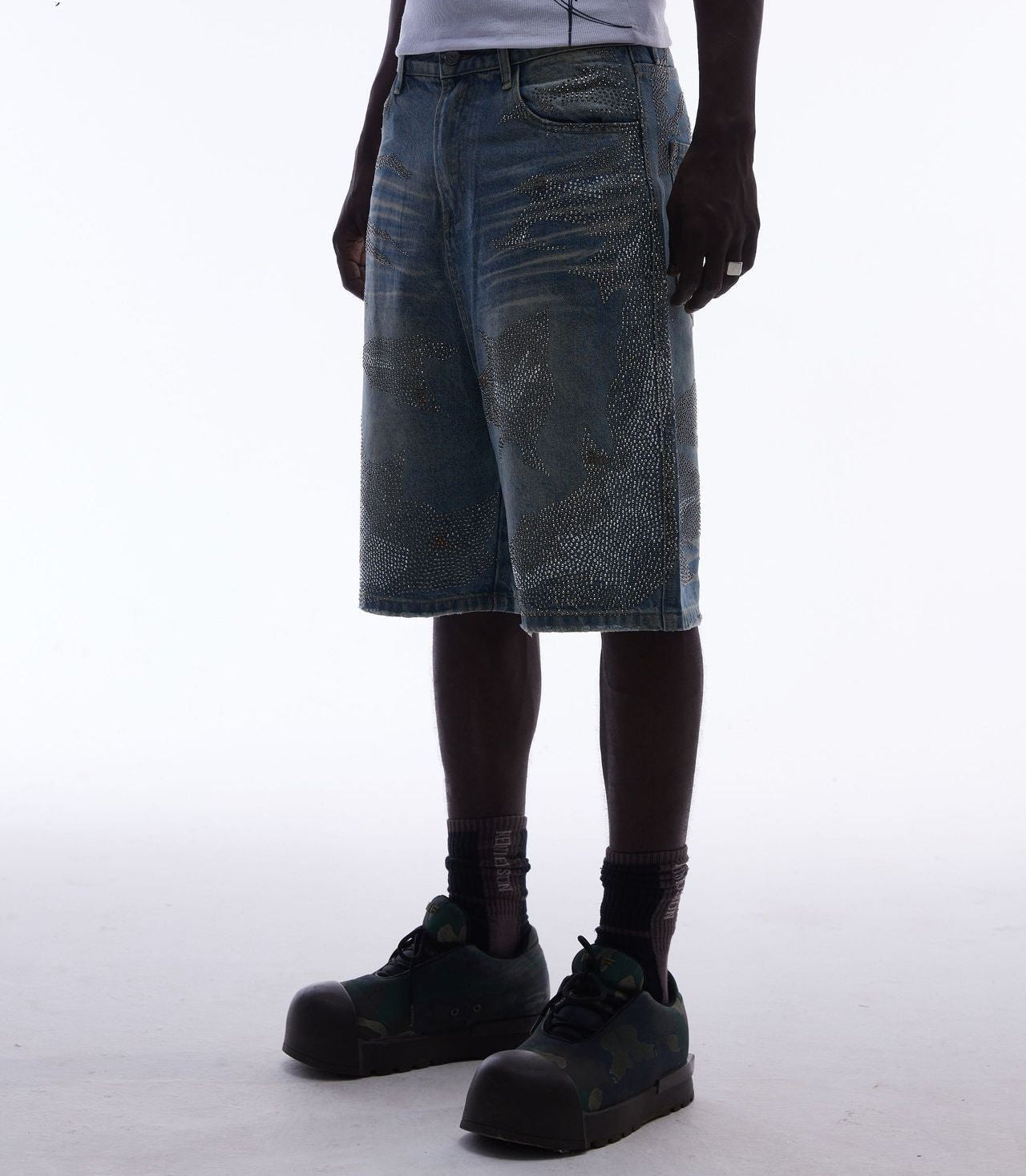 Rhinestone Camouflage Wash Denim Jort