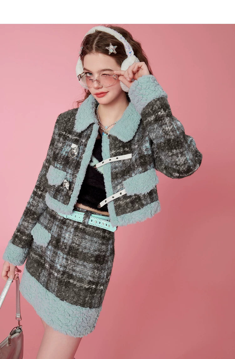 Fake Shearling Short Jacket & Pencil Skirt Setup