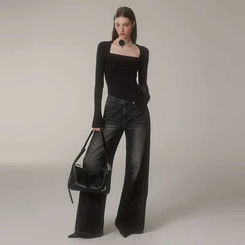 Washed Wide-Leg Buggy Denim Jeans