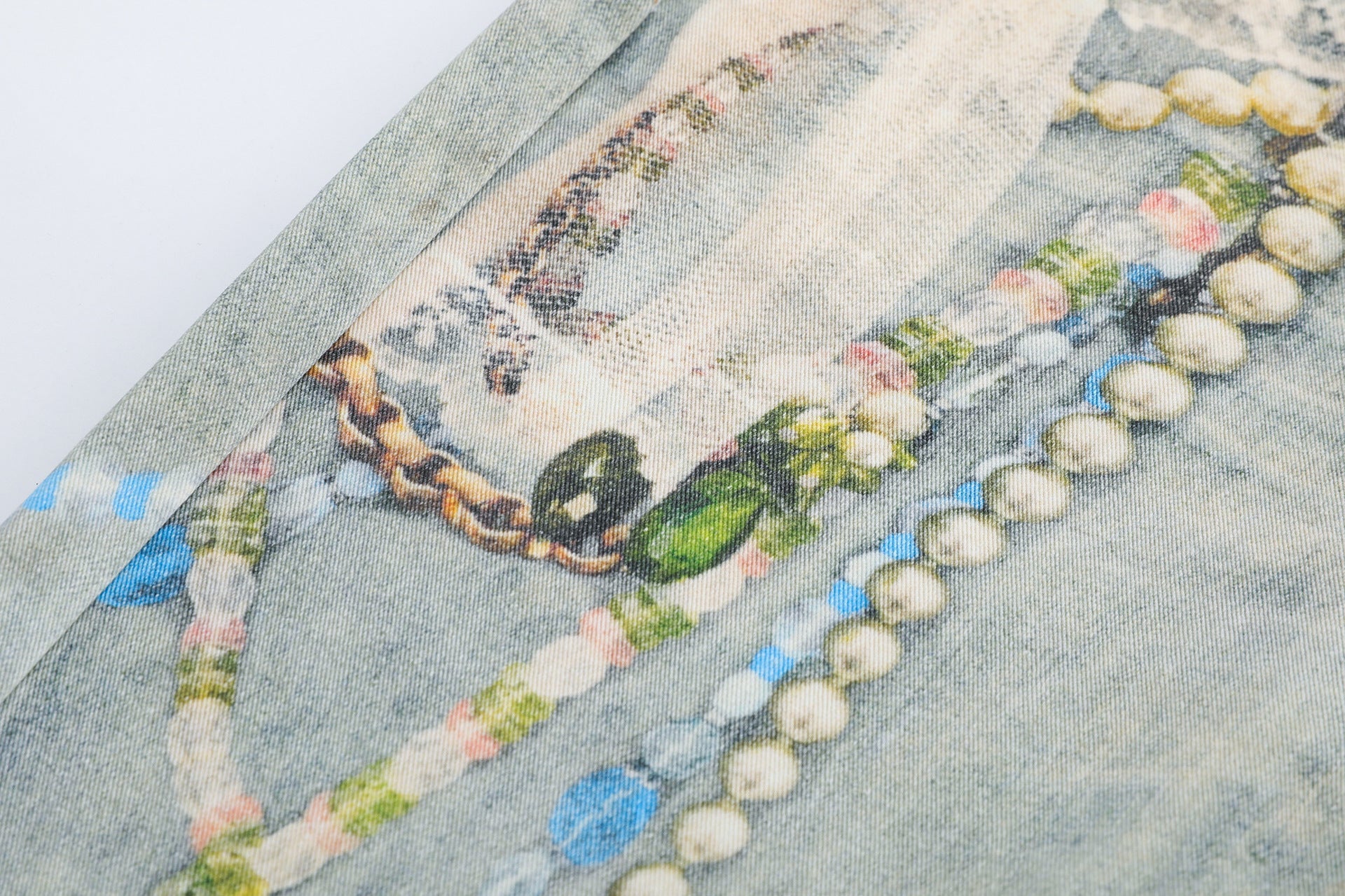 Pearl Chain Collage Print Denim Jort