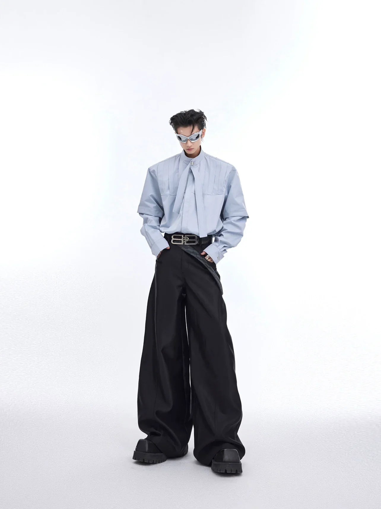 Ribbon Design Pleat Oversize Long Sleeve Shirt