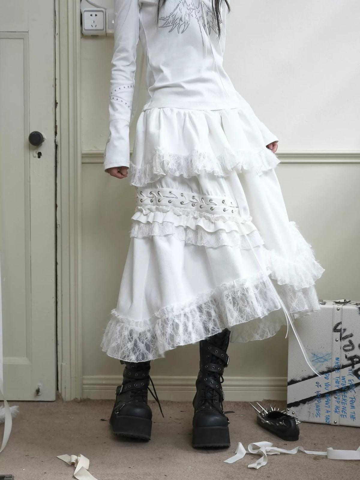 Suede Lace Asymmetrical Tie-Up Layered Long Skirt