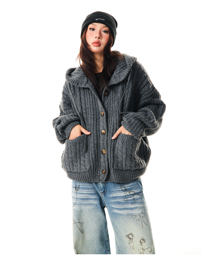 Hooded Button Oversize Cable Knit Cardigan