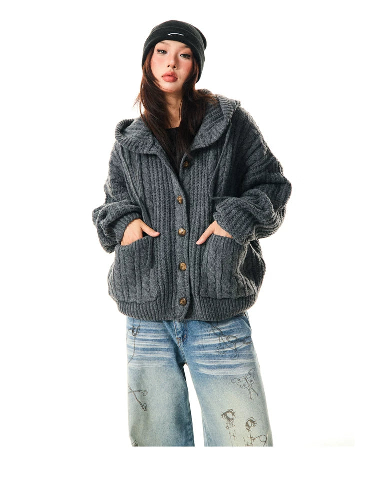 Hooded Button Oversize Cable Knit Cardigan