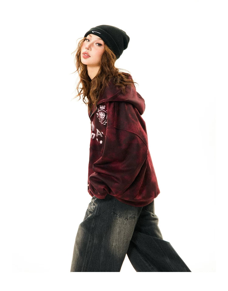 Tie-Dye Letter Print Oversize Zipper Hoodie