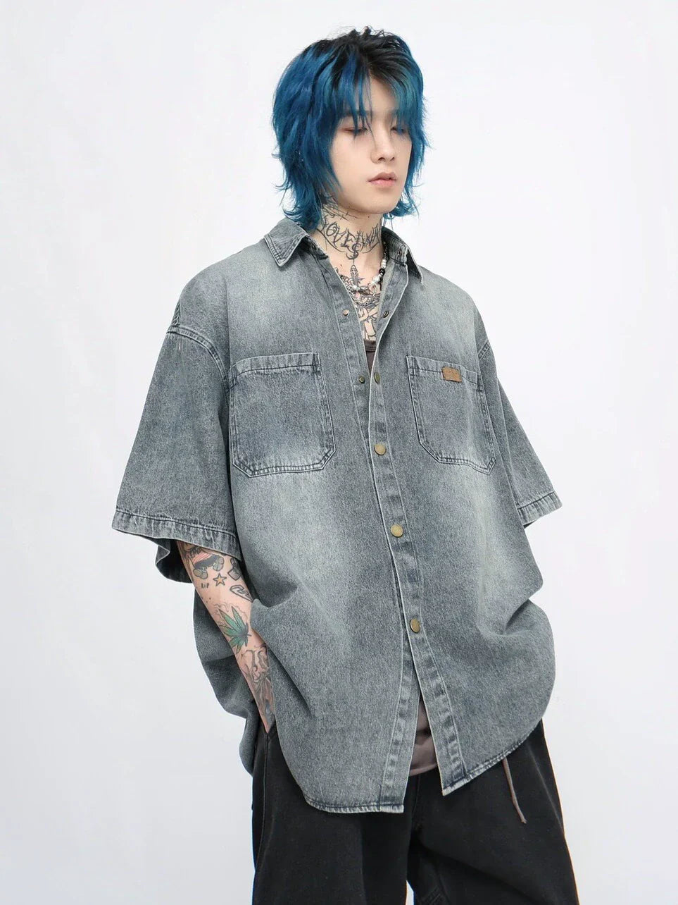 Washed Oversize Denim Short Sleeve Shirt